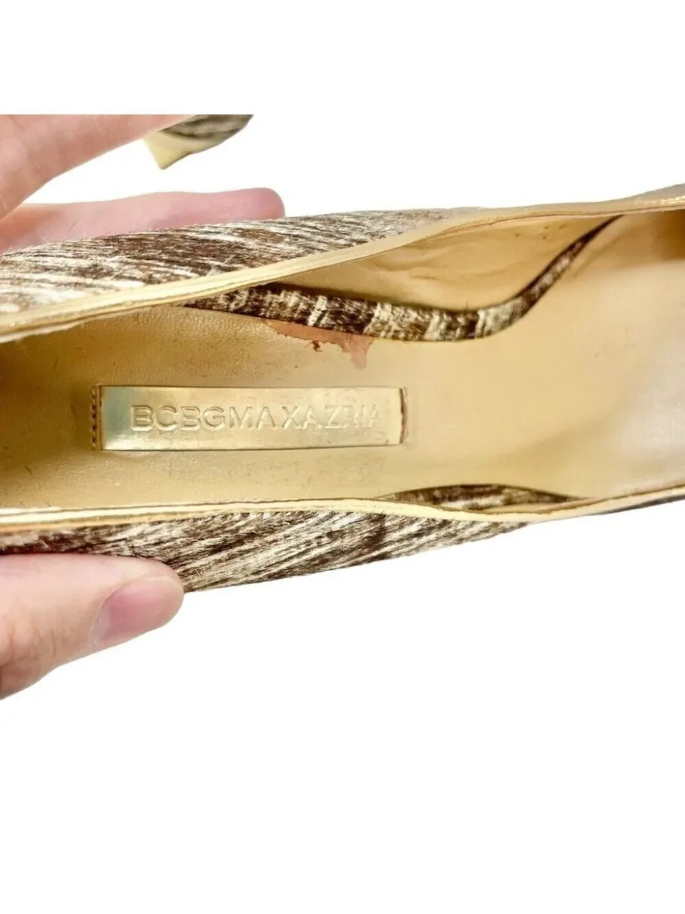 BCBG MaxAzria Ma-Valletta Calfhair and Gold Wedge Heels US 7